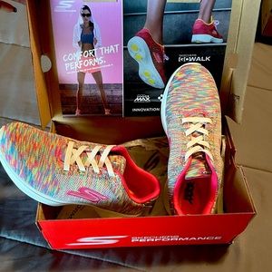Never Worn! 7.5 -Skechers GoWalk Sneakers. Multi-color- slip on, no tie!